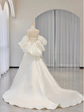 Satin Puffy Sleeves Mesh Sweetheart A Line Wedding Dress