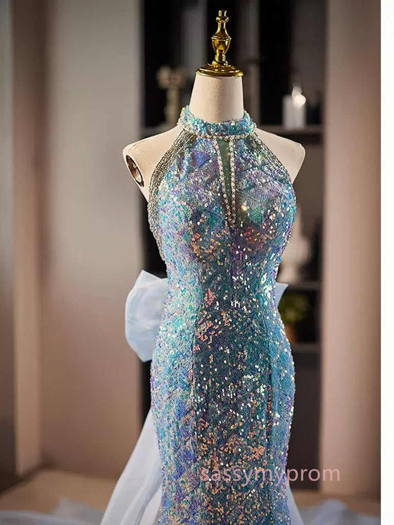 chinese dress ladies Low V-Neck Long Glitter Mermaid Prom Dress CC2253 Ocean Blue / 2 main image 1
