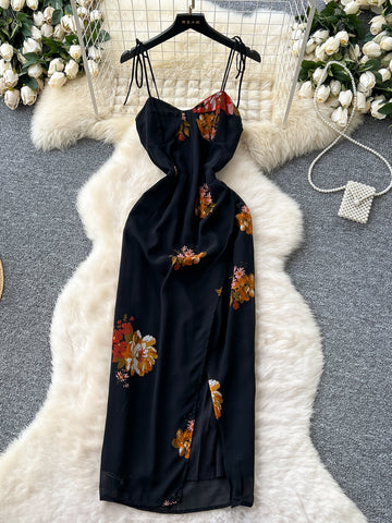 Floral Prints Black Straps Vibrant Maxi Dress