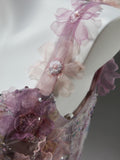 Tulle Tie Shoulder A Line Purple Flowers Prom Dress
