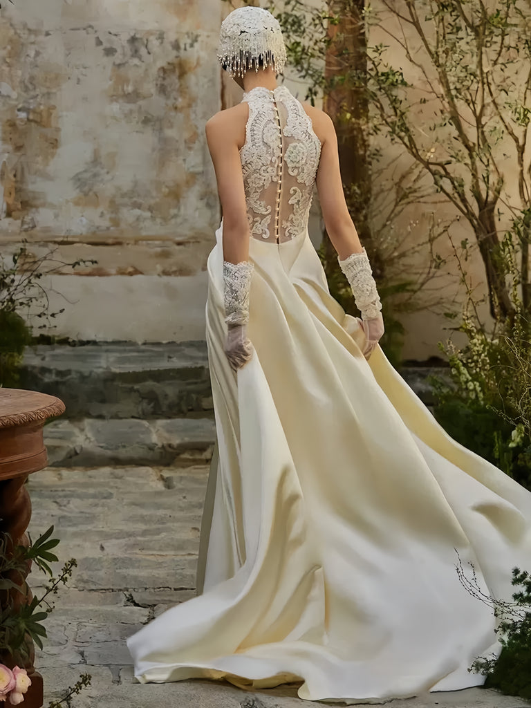 2024 Simple Halter Lace & Satin A Line Wedding Dress US14 / Pink