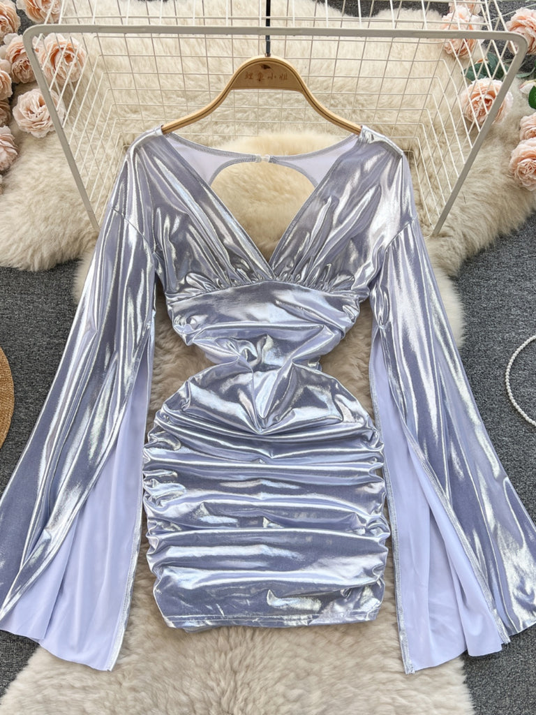 2024 Shimmering Gold Ruched Dress with Statement Sleeves – Sassymyprom