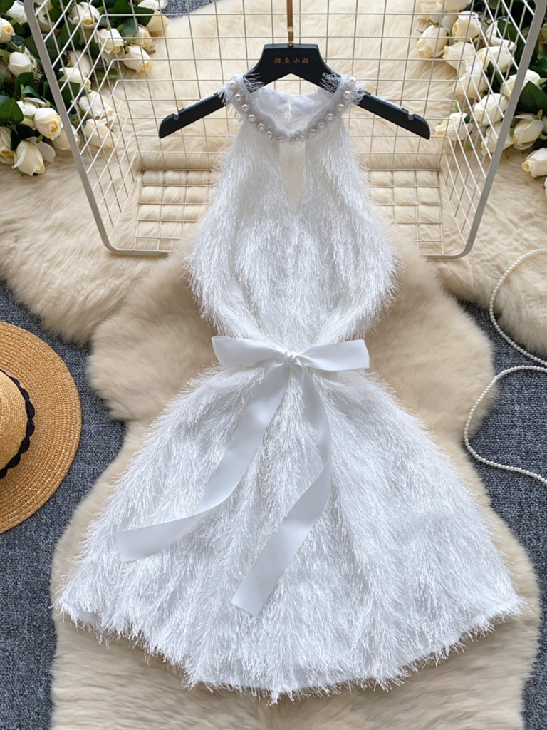 Sweet Pearl Satin Bow White Fluffy Halter Dress Sweet Pearl Satin Bow White Fluffy Halter Dress