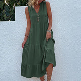 Yellow V Neck Button Layered Hem Smock Dress