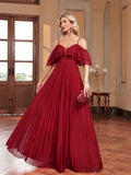 Off The Shoulder Ruffles Burgundy Sequin Prom Dress