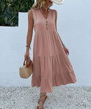 Yellow V Neck Button Layered Hem Smock Dress
