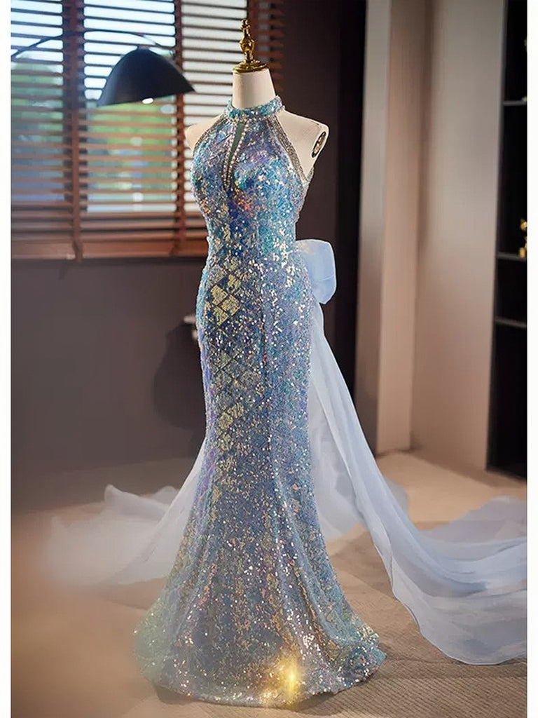 Sparkly Sequin Mermaid Prom Dresses Organza Bow Train Halter Neck 90018 Blue / US10 Sparkly Sequin Mermaid Prom Dresses Organza Bow Train Halter Neck 90018 Blue / US10