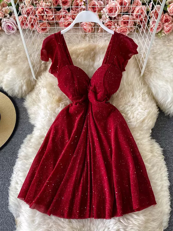 2024 Dazzling Deep Red Velvet Cocktail Dress with Glitter Sassymyprom