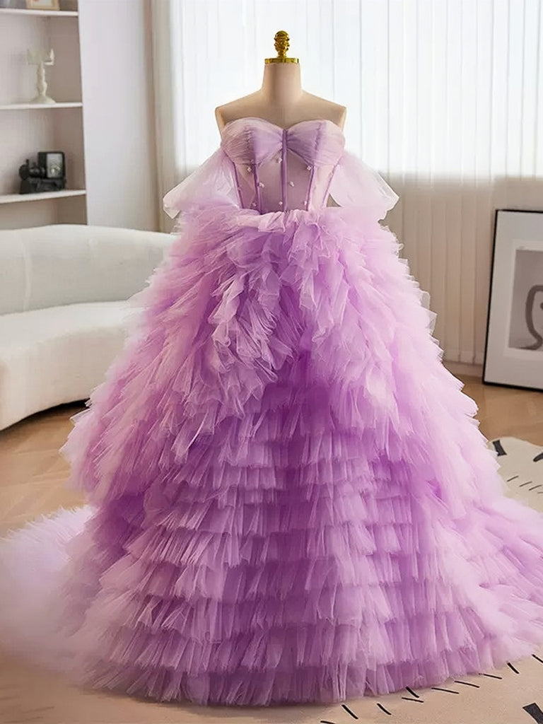 Purple Ball Gown Tulle Off The Shoulder Tiers Prom Dress Sassymyprom Purple Ball Gown Tulle Off The Shoulder Tiers Prom Dress Sassymyprom