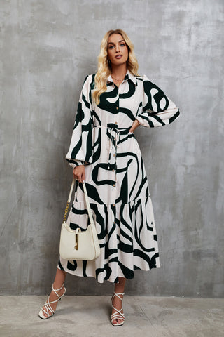 Waist Tie Black Patterned Dress