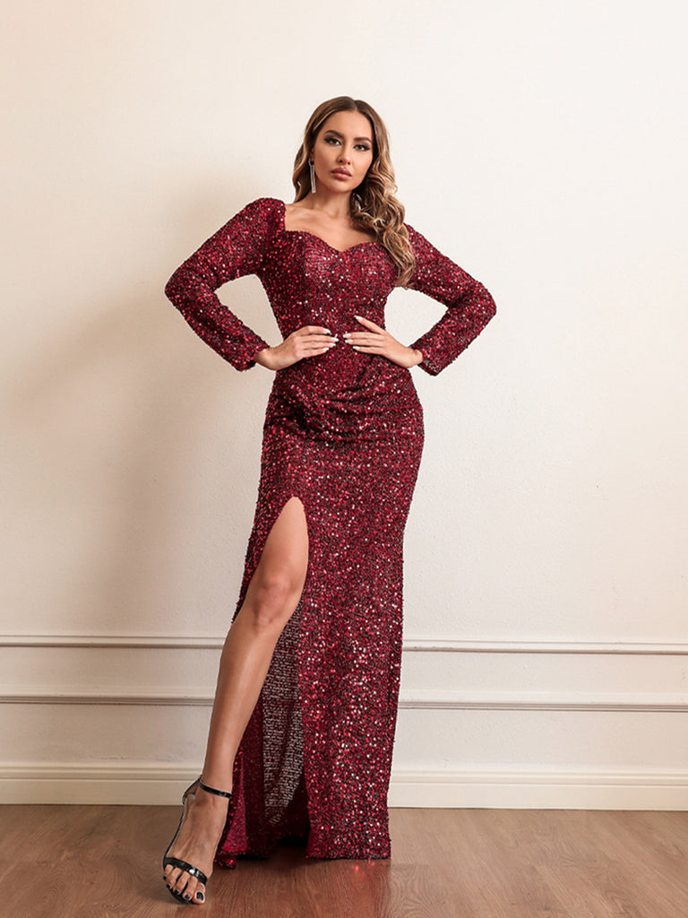 2023 Sequins Burgundy Long Sleeve Prom Dress 2XL 2023 Sequins Burgundy Long Sleeve Prom Dress 2XL