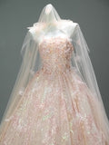 Ball Gown Sequin Tulle Pink Flower Prom Dress
