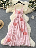 3D Flower Criss Cross Straps  Blush Pink Maxi Dress