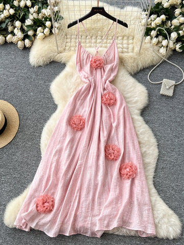 3D Flower Criss Cross Straps  Blush Pink Maxi Dress