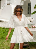 Lace V Neck Backless Crochet Ruffle Mini Dresses