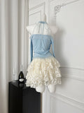 Puffy Lace Mini Skirt Light Blue Long Seeved Top