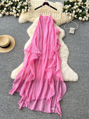 Ruffled Layers Hot Pink Halter Maxi Dress