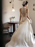 Simple Halter Lace & Satin A Line Wedding Dress