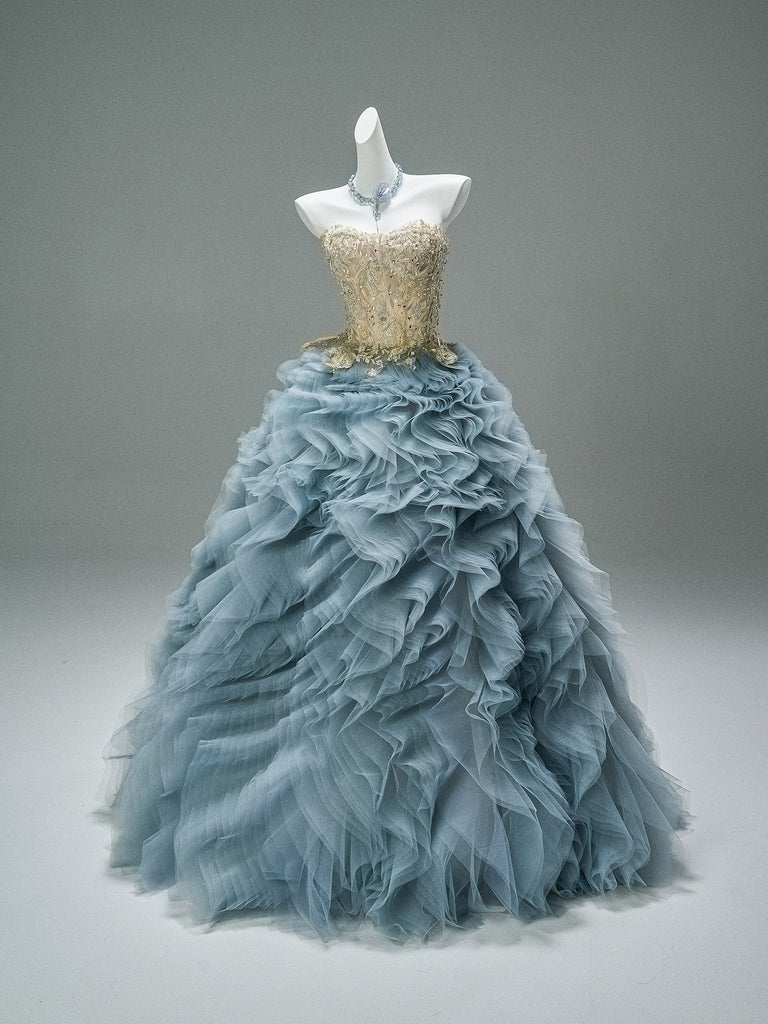Tulle Beading Ball Gown Gold & Blue Prom Dress US2