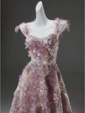 Tulle Tie Shoulder A Line Purple Flowers Prom Dress