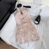 Pink Floral Embroidery Halter Mini Dress