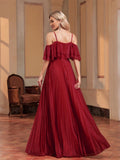 Off The Shoulder Ruffles Burgundy Sequin Prom Dress