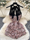 Pink Leopard Black Lace Stylish Halter Romper