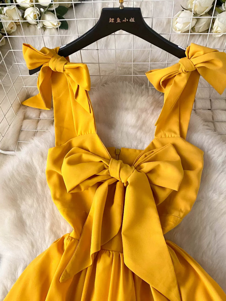 Sunny Day Elegance Bold Yellow Bow-Front Dress L