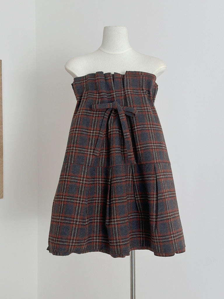plaid strapless mini dress Plaid Strapless A-Line Mini Dress with Self-Tie Bow S