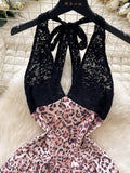 Pink Leopard Black Lace Stylish Halter Romper
