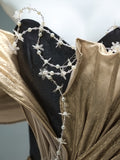 A Line Off The Shoulder Beading Black & Gold Prom Dress