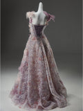 Tulle Tie Shoulder A Line Purple Flowers Prom Dress
