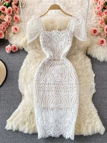Elegant Bridal White Crochet Lace Midi Puff Sleeve Dress