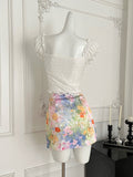White Lace Trimmed Crop Top with Colorful Floral Skirt