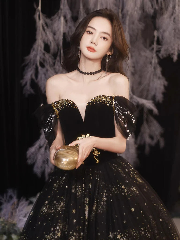 black prom dress with gold accents Sweetheart Neck Black Prom Dress with Gold Lace, Black Gold Lace Forma –  jbydress main image 0