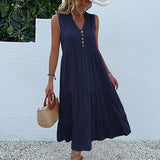 Yellow V Neck Button Layered Hem Smock Dress