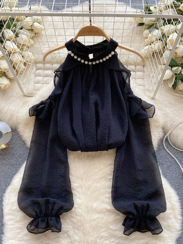 Whispering Elegance Beaded Collar Summer Top