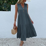 Yellow V Neck Button Layered Hem Smock Dress