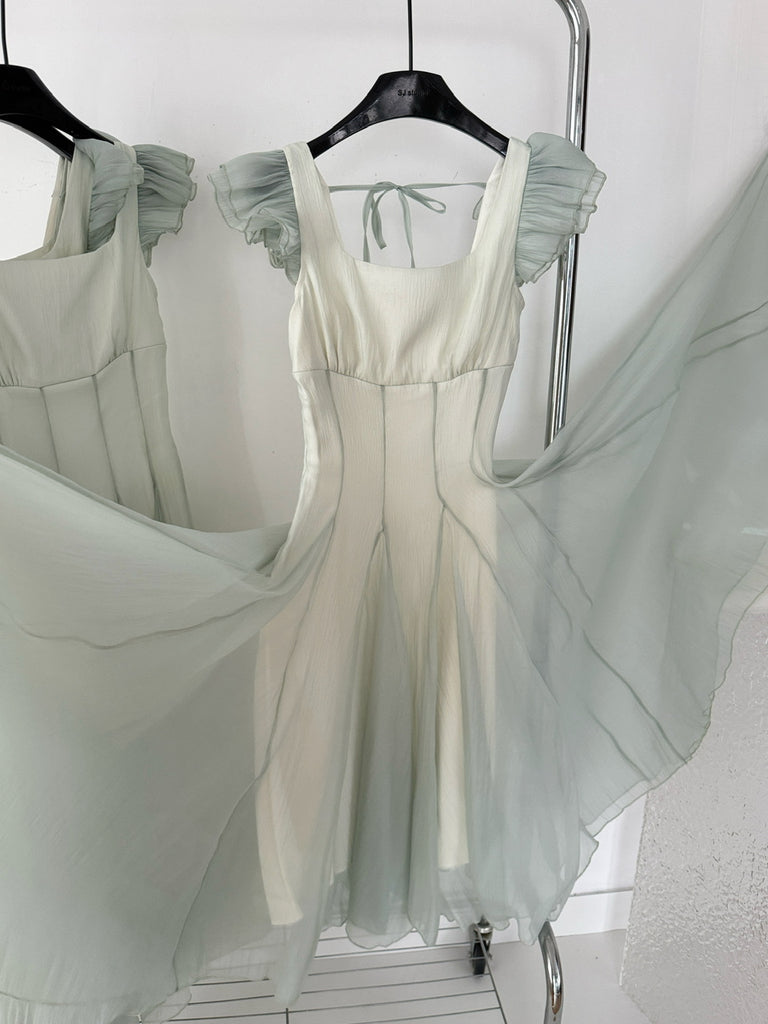 Sage Green Puffy Sleeve Summer Chiffon Long Dress  Sassymyprom