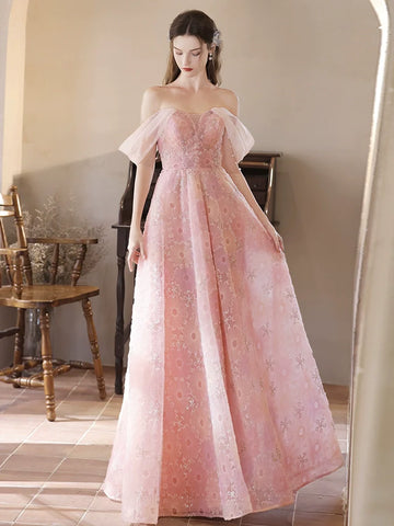 Tulle Appliques Pink A-Line Off Shoulder Prom Dress