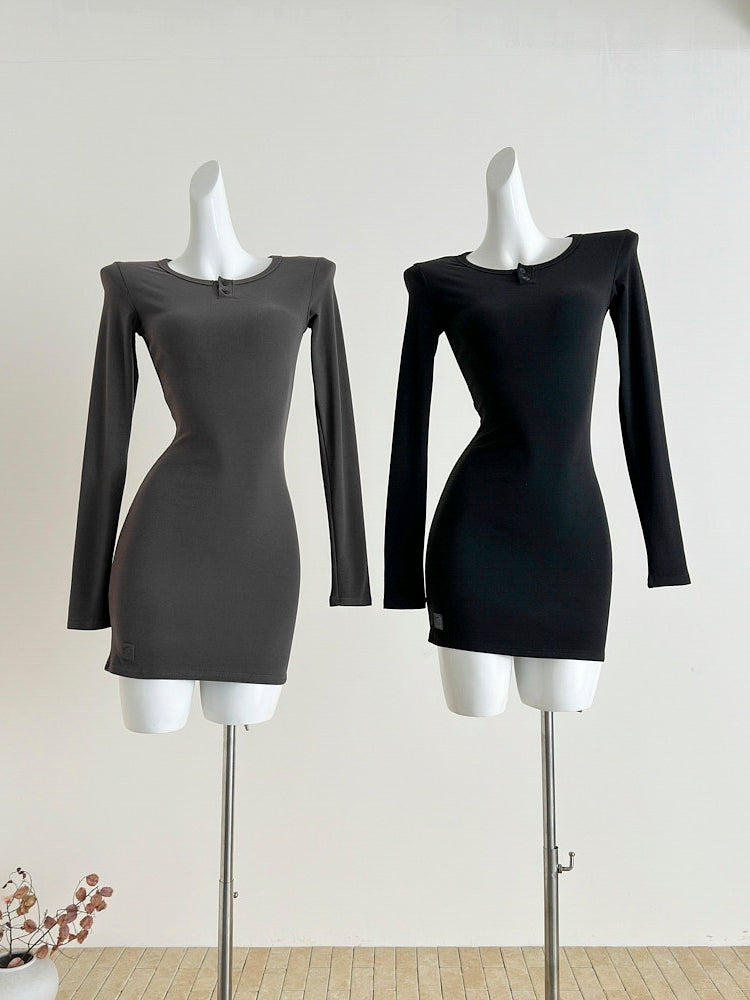 Long Sleeves Black Ribbed Knit Bodycon Dress M / Gray Long Sleeves Black Ribbed Knit Bodycon Dress M / Gray