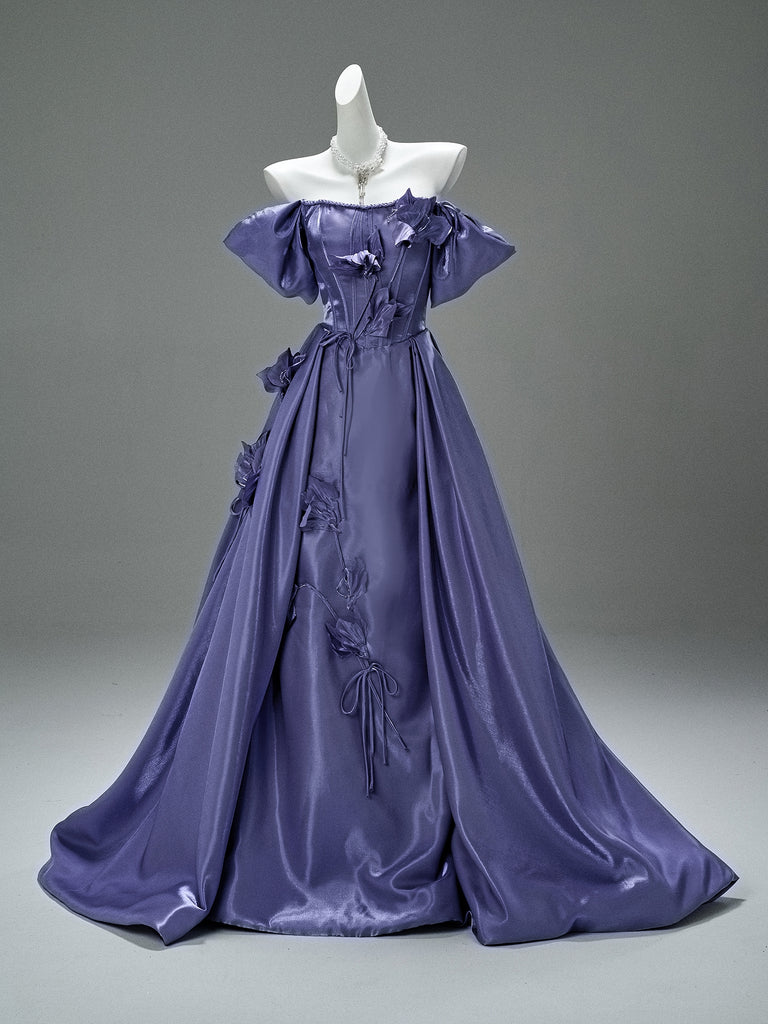 royal purple satin dress Royal Purple Evening Dress with the Detachable Train