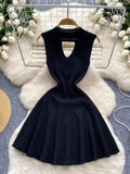 Ribbed Texture Sleek Black Flare Skirt Dress