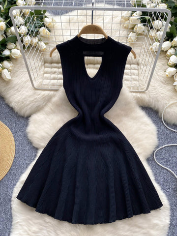 Ribbed Texture Sleek Black Flare Skirt Dress