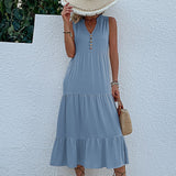Yellow V Neck Button Layered Hem Smock Dress