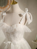 White Tulle Appliques Bow Homecoming Dress