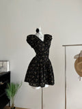 Puff Sleeves Black Floral Dress