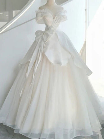 Off The Shoulder Bow Tulle Ball Gown Wedding Dress