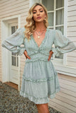 Green Floral Ruffled V-Neck Dress