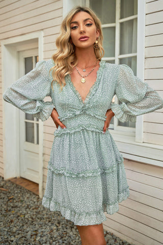 Green Floral Ruffled V-Neck Dress